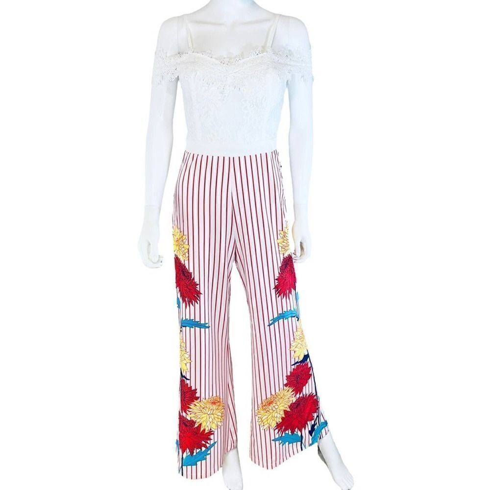 Chicways Floral Striped Cold Shoulder Jumpsuit